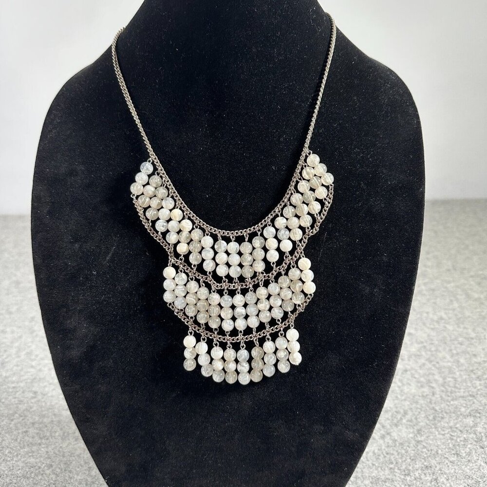 Vintage Statement Necklace Fashion Jewelry‎ Beaded Silver Tone Beige Whimsigoth